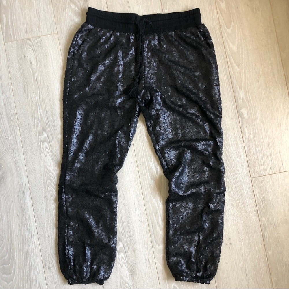 Evenuel Black Sequin Joggers Shiny Small New Tags